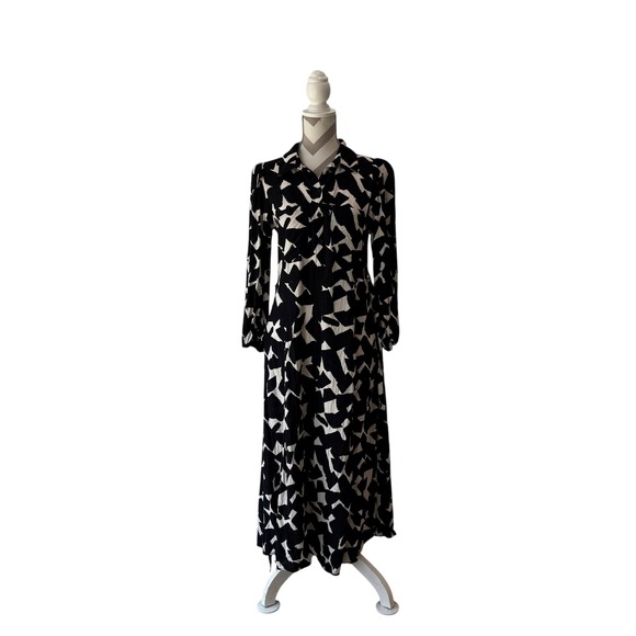 Zara Maxi Dress w Black White Abstract, Long Sleeve, Belted, Pockets, Size Large - Picture 1 of 15